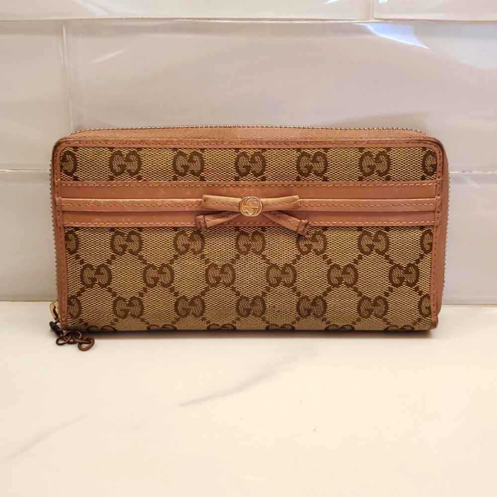 GUCCI Leather Long Zip Wallet Brown Canvas & Pink Ribbon